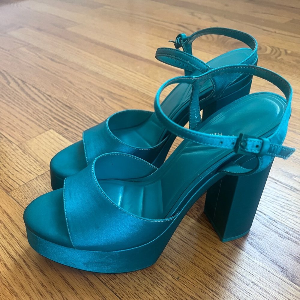 Zara Teal Satin Platform Heels - Size 38